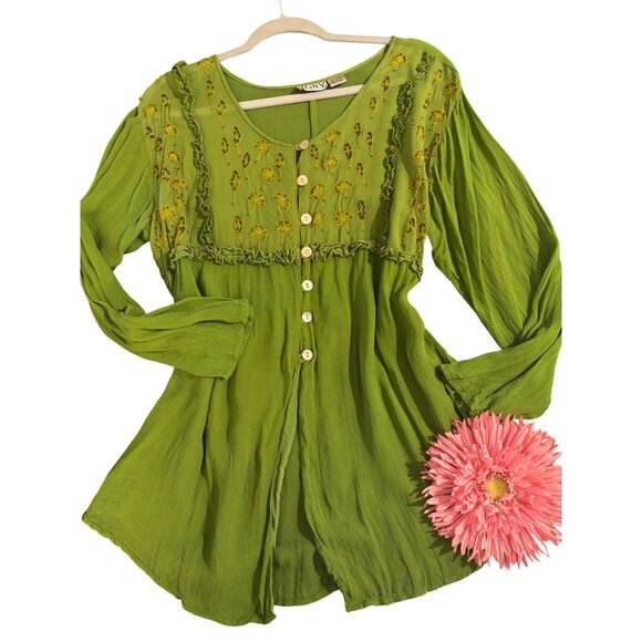 Vintage Boho Chic Green Embroidered Button-Down Tunic Top By CGNY Long Sleeve - Picture 1 of 14